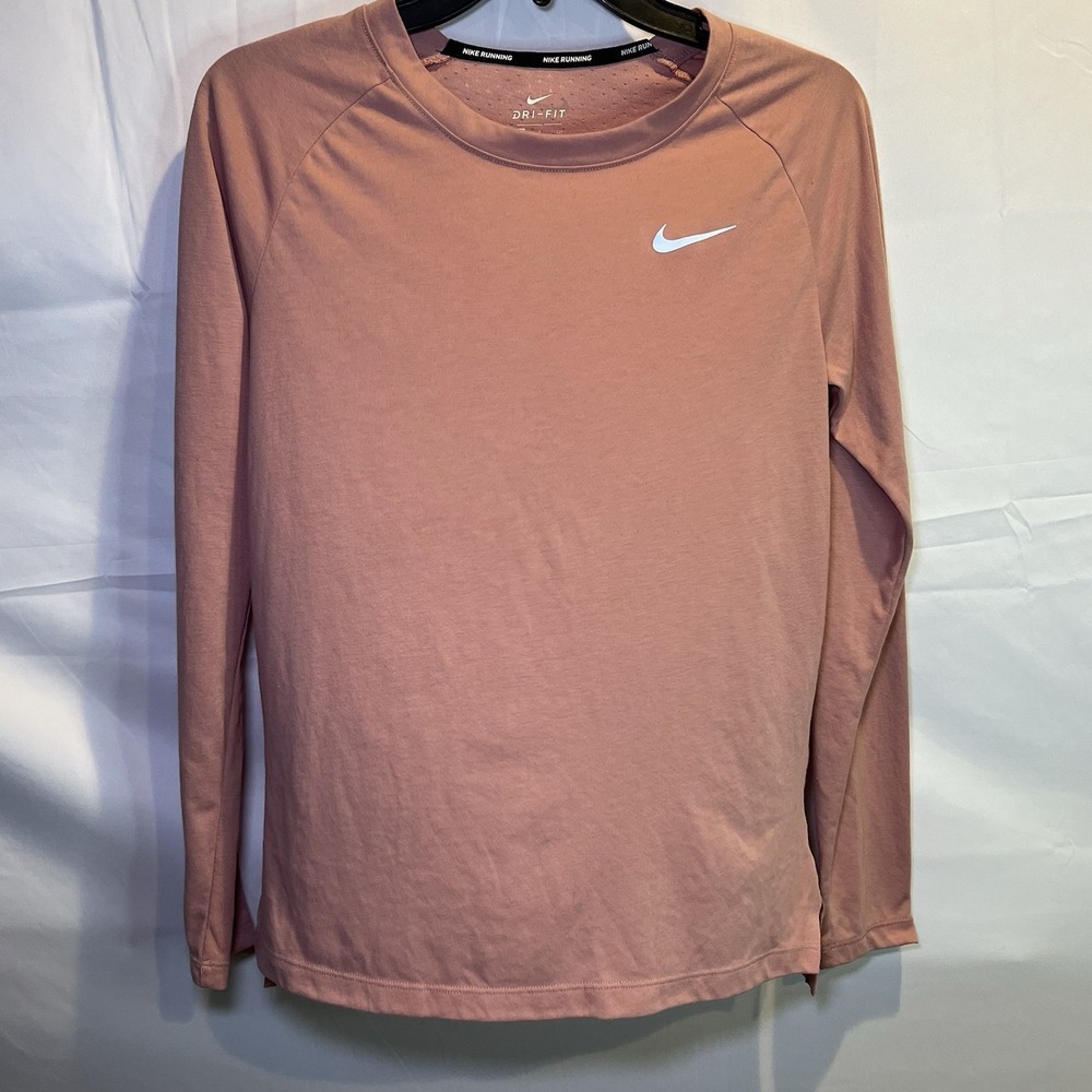 Nike Dri Fit Breathe Tailwind Running Shirt Womens Small Peach Pink White Swoosh